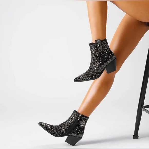 ISNOM Women's Rhinestone Cowgirl Boots Sparkly Ankle Boots Western Boots 10 NEW - Picture 3 of 12